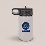 12oz Water Bottle in White with a full-color printed sample logo | Karved Concepts