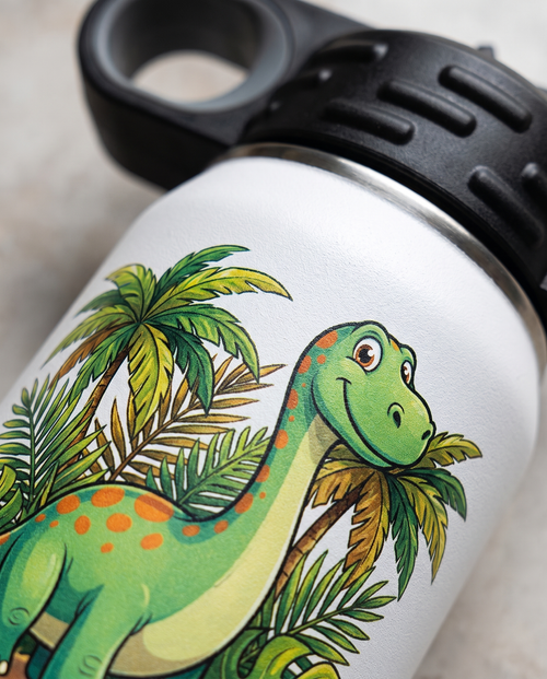 12oz Water Bottle, close-up of a full-color dinosaur print | Karved Concepts