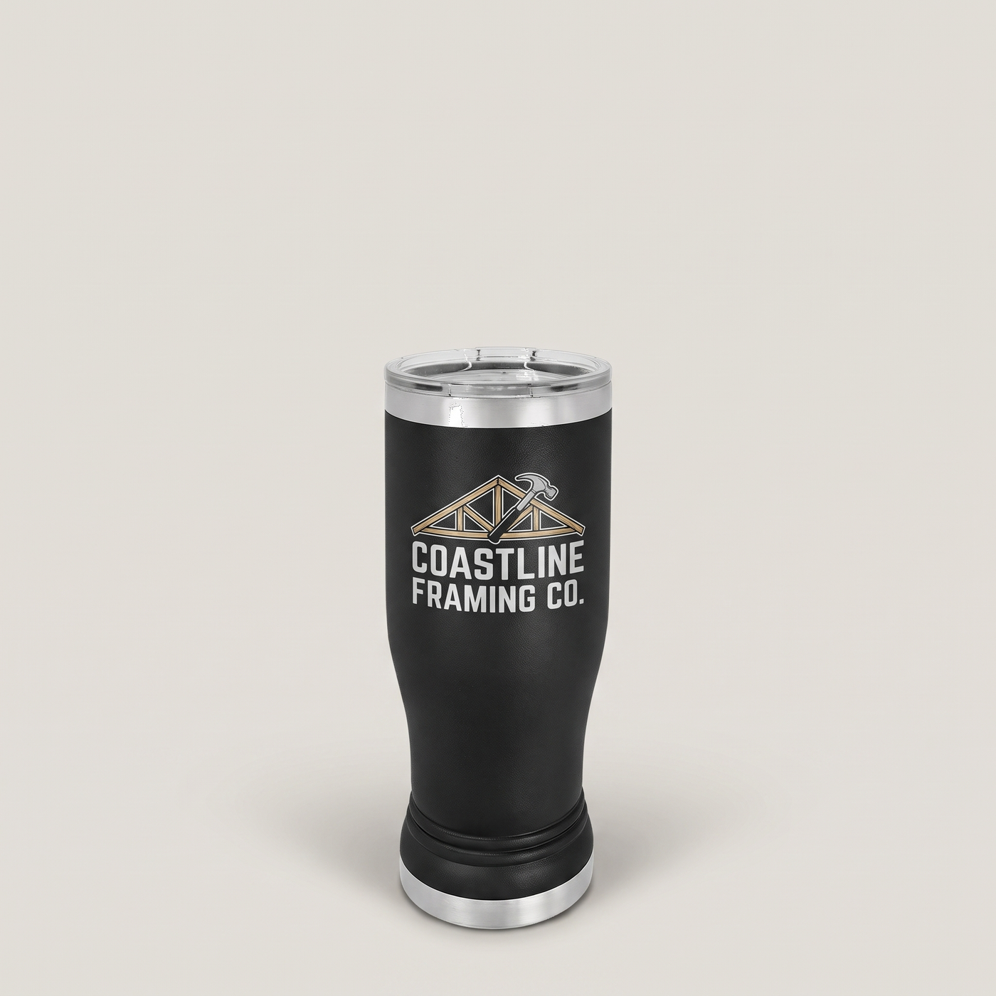 Black pilsner tumbler UV printed with a Coastline Framing Co. roof logo