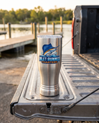 14oz Pilsner Tumbler with a custom full-color printed logo, outdoors | Karved Concepts