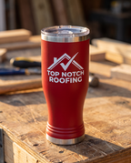 20oz Pilsner Tumbler with a custom full-color printed logo, close-up of the decoration | Karved Concepts