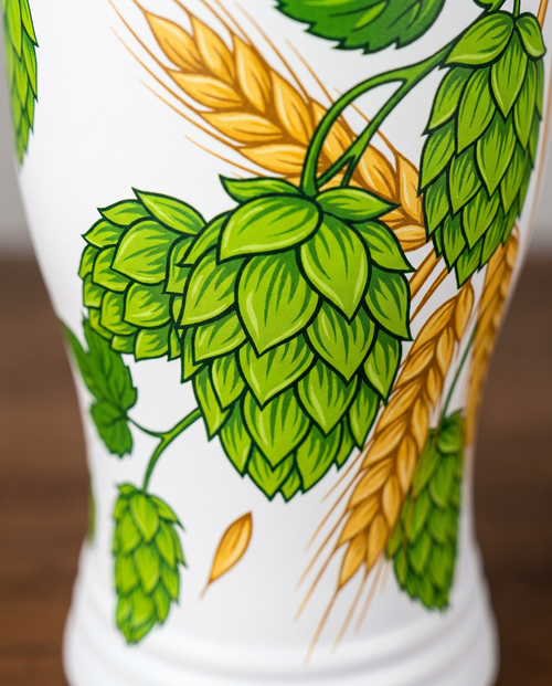 20oz Pilsner Tumbler, close-up of a full-color hops and barley print | Karved Concepts