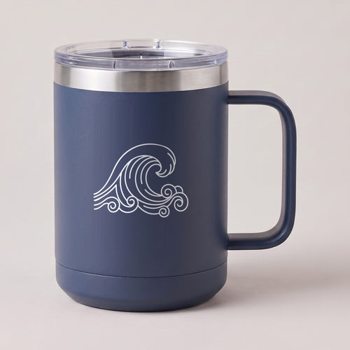 15oz Stainless Mug, laser engraved with a Karved wave design (design example)