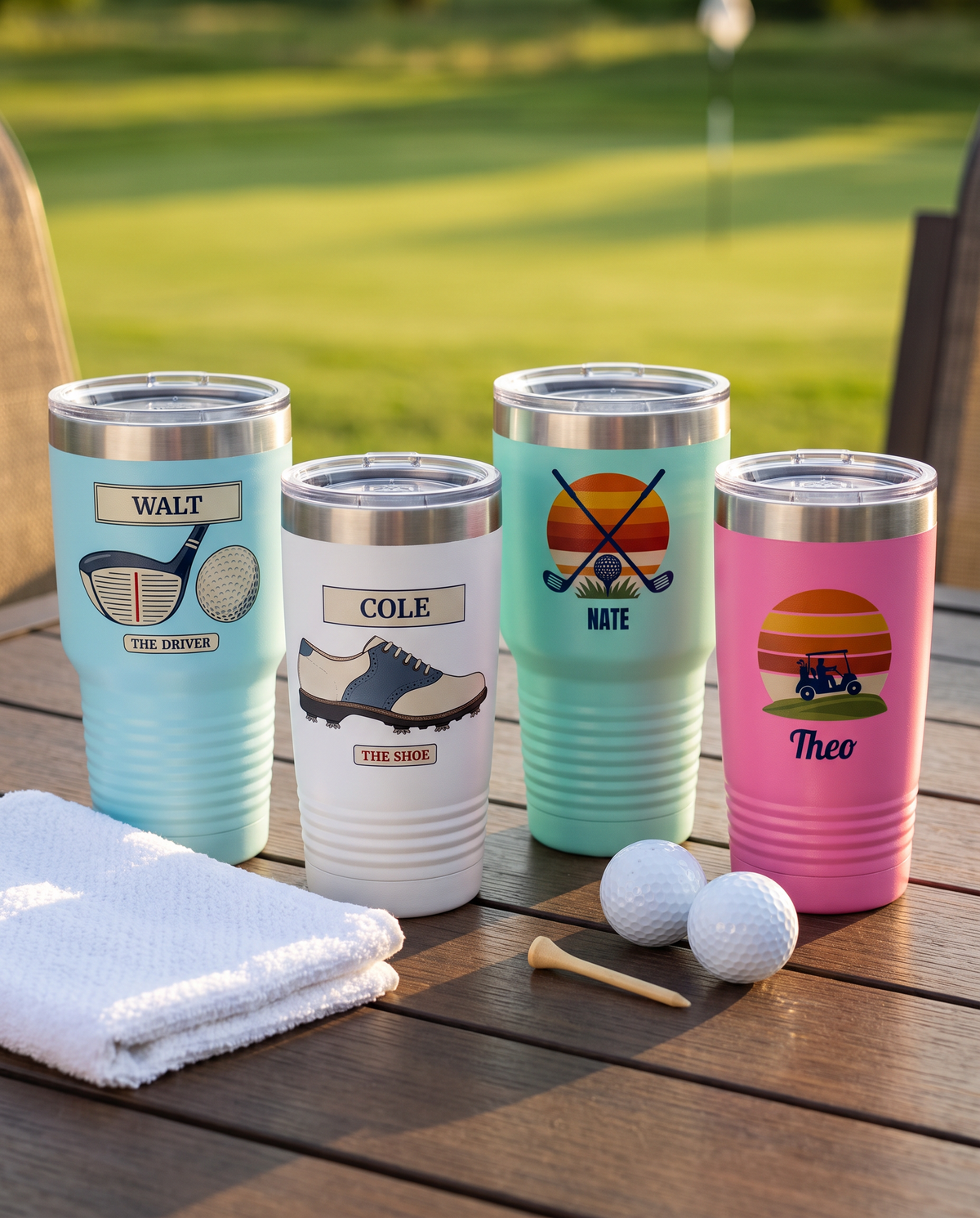 Four golf tumblers named Walt, Cole, Nate and Theo on a patio table by a golf course, with towel and golf balls