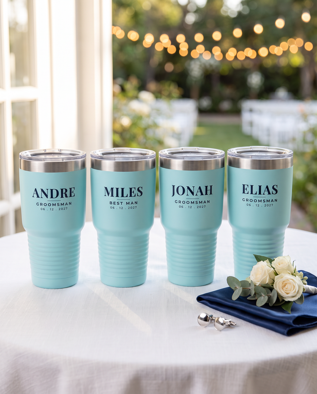Four light blue groomsmen tumblers named Andre, Miles (best man), Jonah and Elias on a linen table with a boutonniere