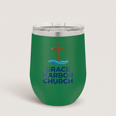 12oz Wine Tumbler, UV printed with a sample business logo (studio photo)