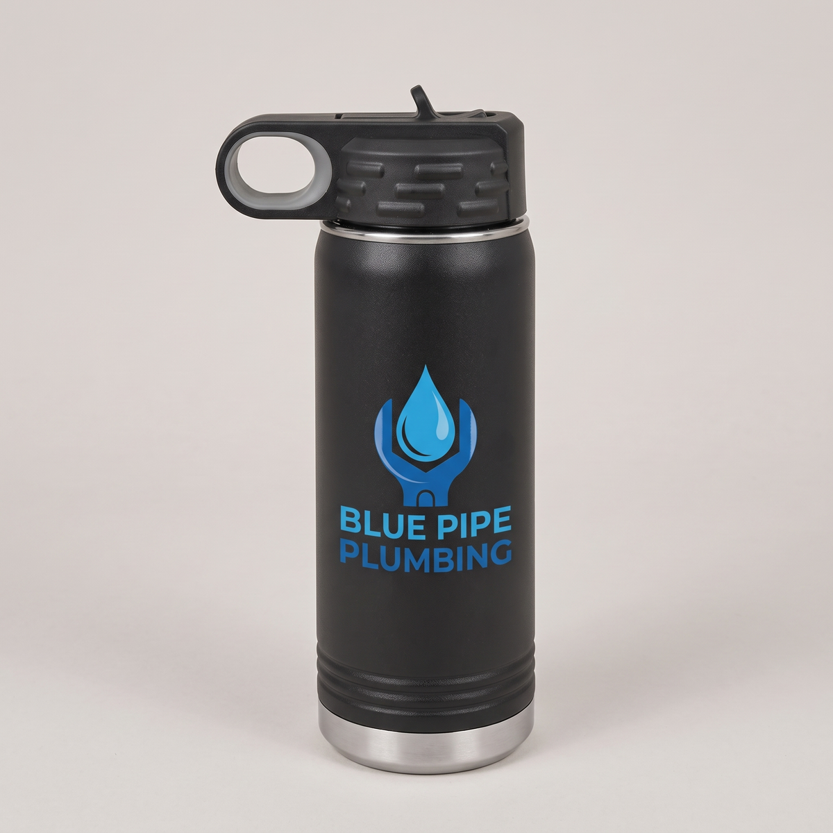 20oz Water Bottle, UV printed with a sample business logo (illustrative image)