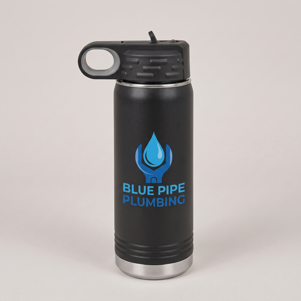 20oz Water Bottle, UV printed with a sample business logo (illustrative image)