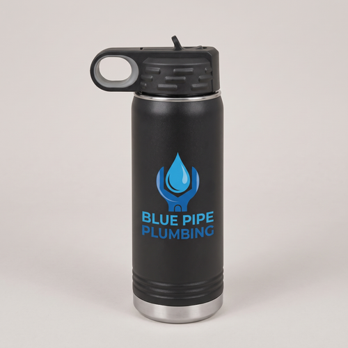 20oz Water Bottle, UV printed with a sample business logo (illustrative image)