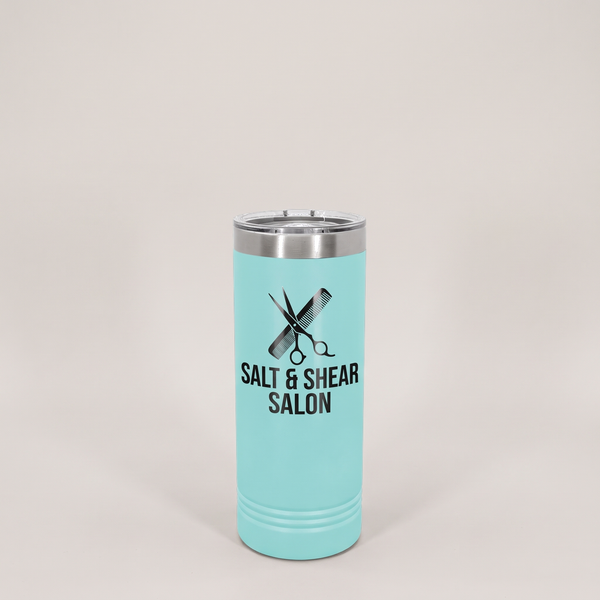 22oz Skinny Tumbler, UV printed with a sample business logo (illustrative image)