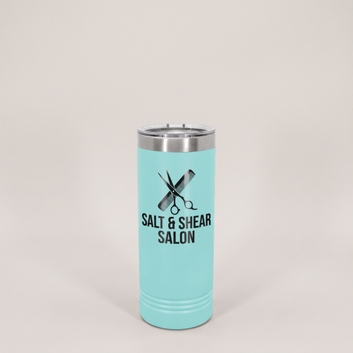 22oz Skinny Tumbler, UV printed with a sample business logo (illustrative image)