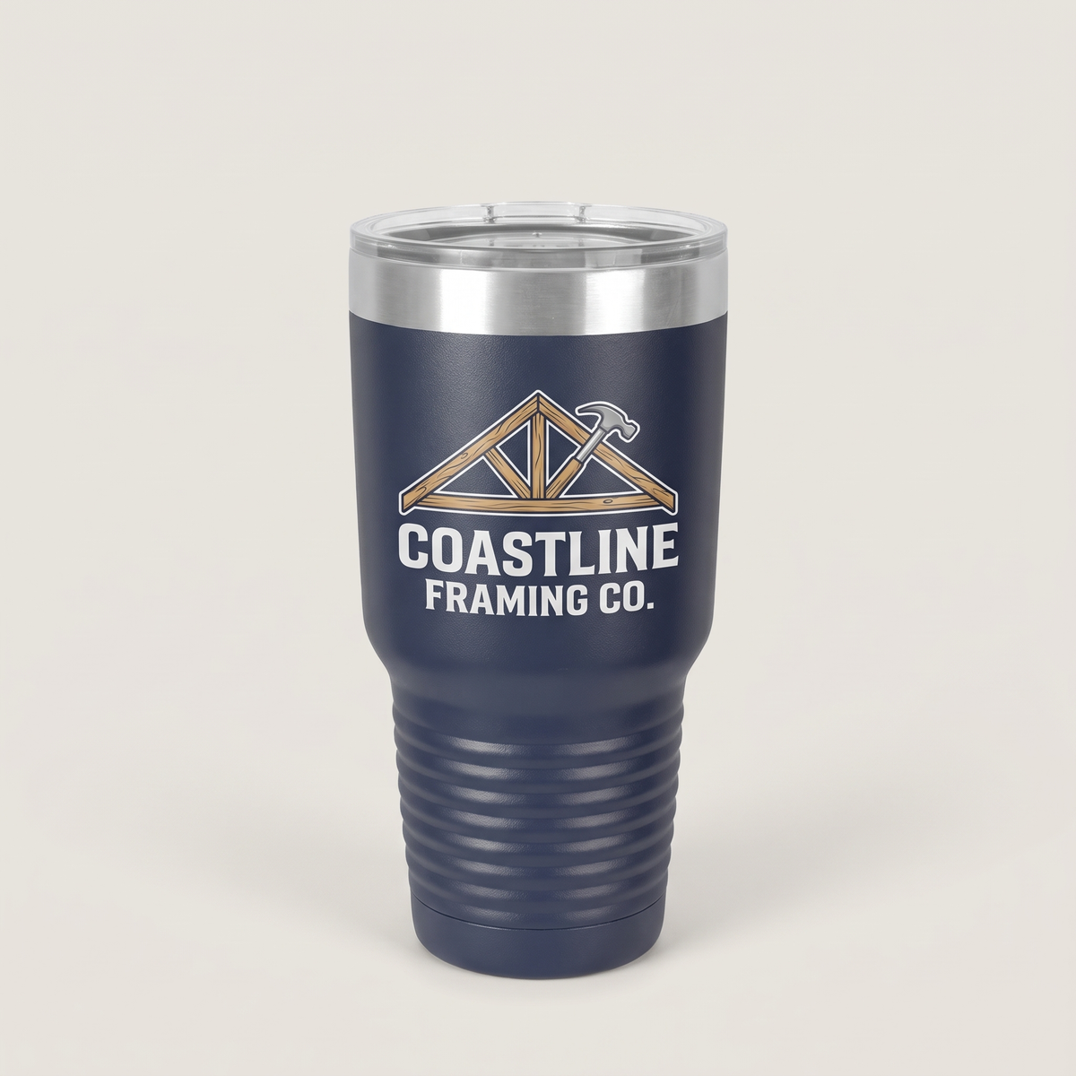 30oz Ringneck Tumbler, UV printed with a sample business logo (illustrative image)
