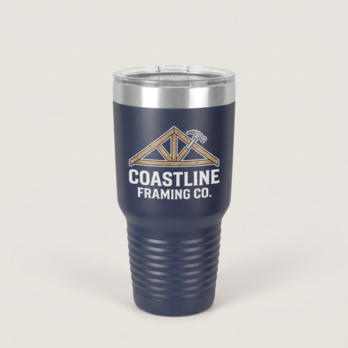 30oz Ringneck Tumbler, UV printed with a sample business logo (illustrative image)