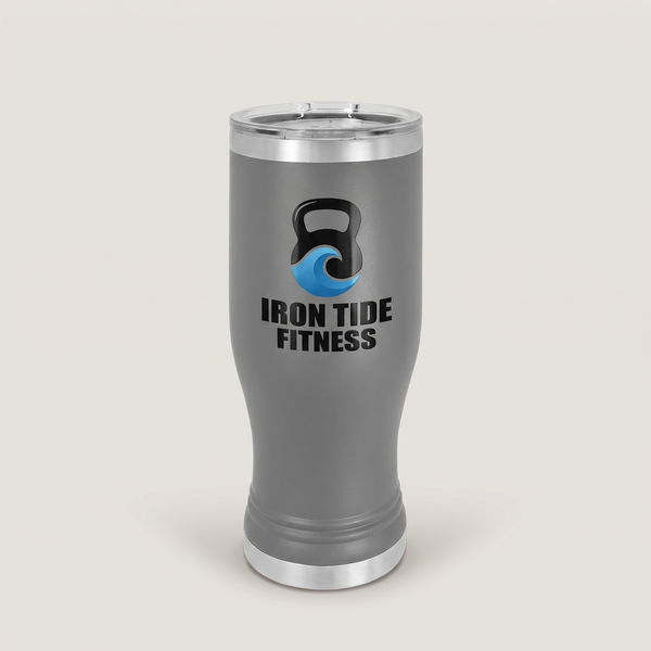 20oz Pilsner Tumbler, UV printed with a sample business logo (illustrative image)