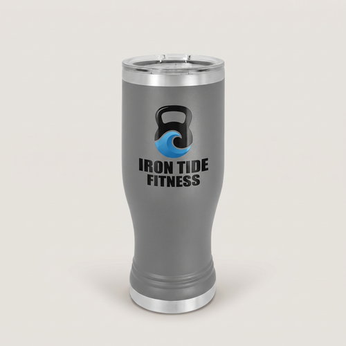 20oz Pilsner Tumbler, UV printed with a sample business logo (illustrative image)
