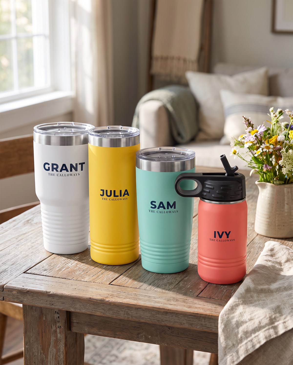 Family set of four cups named Grant, Julia, Sam and Ivy in white, yellow, teal and coral on a farmhouse table