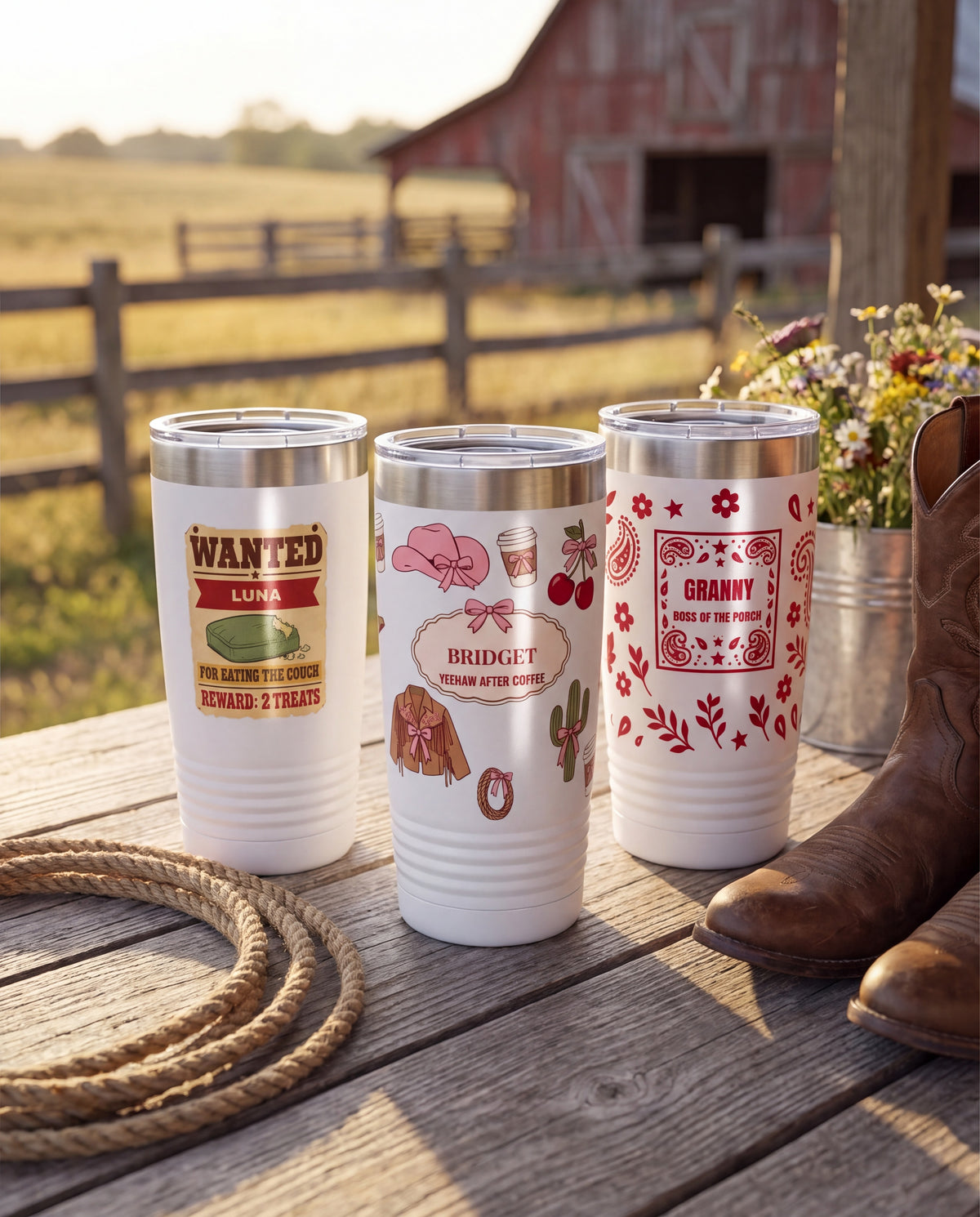 Three personalized white 20oz ringneck tumblers on a weathered wooden ranch porch table with a red barn and pasture behind: a wanted poster reading LUNA, FOR EATING THE COUCH, REWARD: 2 TREATS, a pink coquette cowgirl wrap reading BRIDGET and YEEHAW AFTER COFFEE, and a red bandana paisley wrap reading GRANNY and BOSS OF THE PORCH, beside a coiled rope, a pail of wildflowers and leather boots