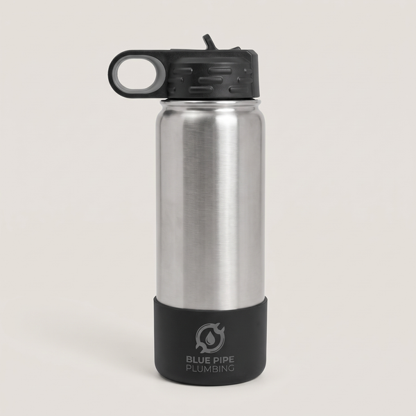 Water bottle boot for 12-20oz bottles, with a sample business logo (illustrative image)