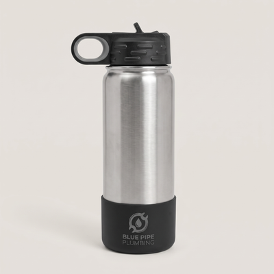Water bottle boot for 12-20oz bottles, with a sample business logo (illustrative image)
