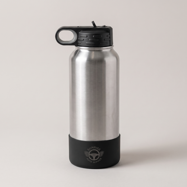 Water bottle boot for 32oz bottles, with a sample business logo (illustrative image)