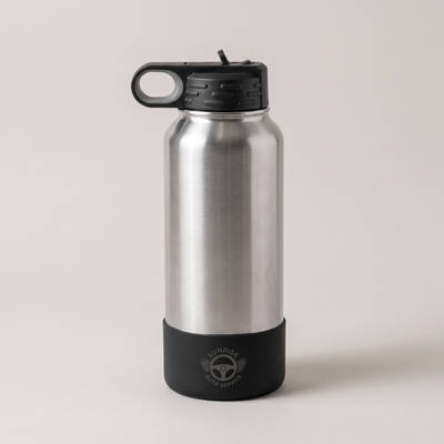 Water bottle boot for 32oz bottles, with a sample business logo (illustrative image)
