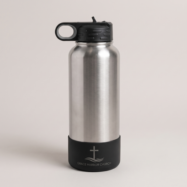 Water bottle boot for 40oz bottles, with a sample business logo (illustrative image)