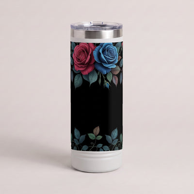 22oz Skinny Tumbler, UV printed with a Karved dark floral design (design example)