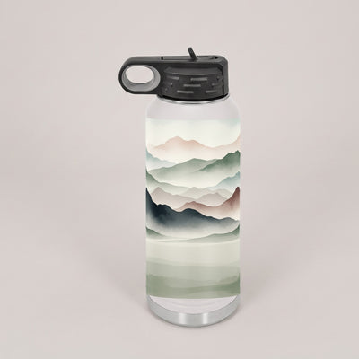 32oz Water Bottle, UV printed with a Karved mountain design (design example)