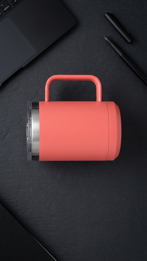 Custom 15oz Stainless Mug — lifestyle — kitchen setting in coral finish