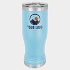 Mockup: Polar Camel 14oz pilsner tumbler in Light Blue, UV printed with a sample YOUR LOGO mark
