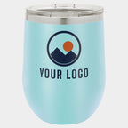 Mockup: Polar Camel 12oz stemless wine tumbler in Light Blue, UV printed with a sample YOUR LOGO mark