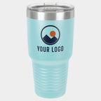 Mockup: Polar Camel 30oz Ringneck tumbler in Light Blue, UV printed with a sample YOUR LOGO mark