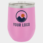 Mockup: Polar Camel 12oz stemless wine tumbler in Light Purple, UV printed with a sample YOUR LOGO mark
