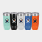 Mockup: Polar Camel 20oz Ringneck tumbler in Teal, Black, White, Royal Blue, Orange, UV printed with a sample YOUR LOGO mark
