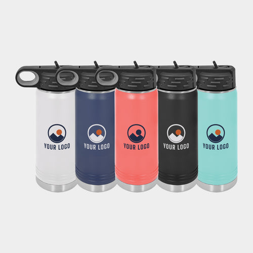 Mockup: Polar Camel 20oz water bottle in White, Navy Blue, Coral, Black, Teal, UV printed with a sample YOUR LOGO mark