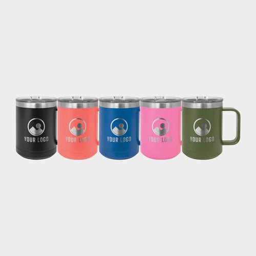 Mockup: Polar Camel 15oz mug in Black, Coral, Royal Blue, Pink, Olive Green, laser engraved with a sample YOUR LOGO mark
