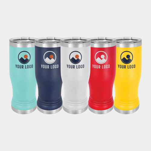 Mockup: Polar Camel 14oz pilsner tumbler in Teal, Navy Blue, White, Red, Yellow, UV printed with a sample YOUR LOGO mark
