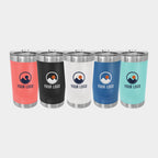 Mockup: Polar Camel 16oz pint tumbler in Coral, Black, White, Royal Blue, Teal, UV printed with a sample YOUR LOGO mark