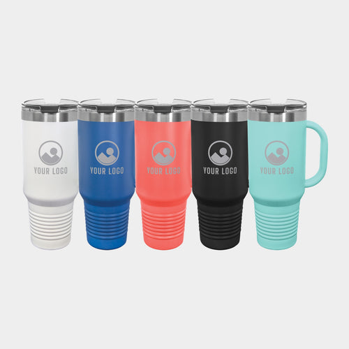 Mockup: Polar Camel 40oz travel mug in White, Royal Blue, Coral, Black, Teal, laser engraved with a sample YOUR LOGO mark