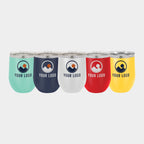 Mockup: Polar Camel 12oz stemless wine tumbler in Teal, Navy Blue, White, Red, Yellow, UV printed with a sample YOUR LOGO mark