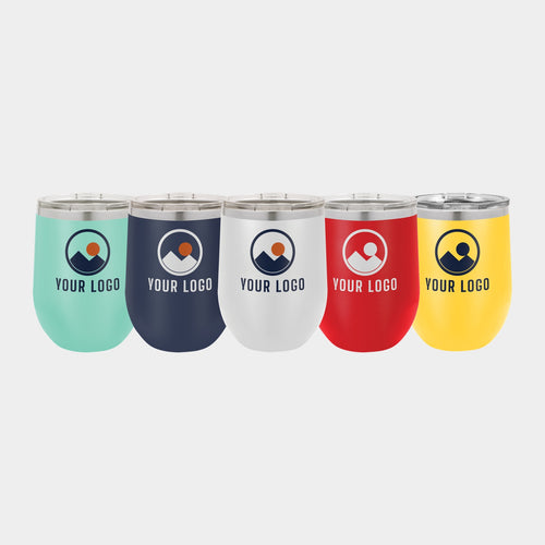 Mockup: Polar Camel 12oz stemless wine tumbler in Teal, Navy Blue, White, Red, Yellow, UV printed with a sample YOUR LOGO mark