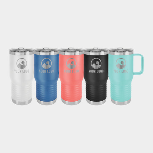 Mockup: Polar Camel 20oz travel mug in White, Royal Blue, Coral, Black, Teal, laser engraved with a sample YOUR LOGO mark