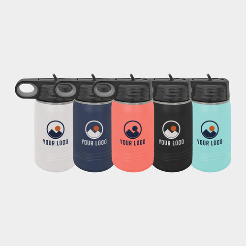 Mockup: Polar Camel 12oz water bottle in White, Navy Blue, Coral, Black, Teal, UV printed with a sample YOUR LOGO mark