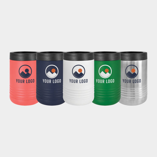 Mockup: Polar Camel can cooler in Coral, Navy, White, Green, Stainless Steel, UV printed with a sample YOUR LOGO mark