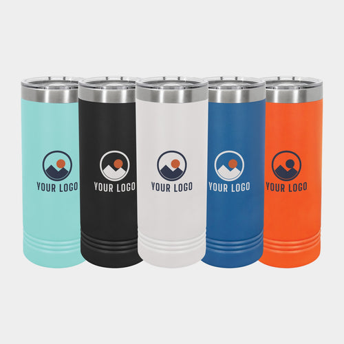 Mockup: Polar Camel 22oz Skinny tumbler in Teal, Black, White, Royal Blue, Orange, UV printed with a sample YOUR LOGO mark