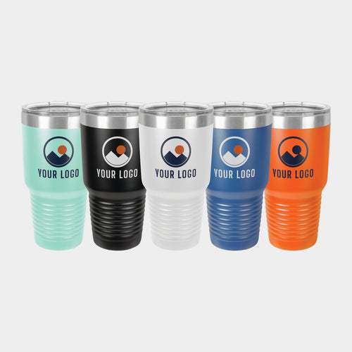 Mockup: Polar Camel 30oz Ringneck tumbler in Teal, Black, White, Royal Blue, Orange, UV printed with a sample YOUR LOGO mark