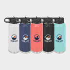Mockup: Polar Camel 32oz water bottle in White, Navy Blue, Coral, Black, Teal, UV printed with a sample YOUR LOGO mark