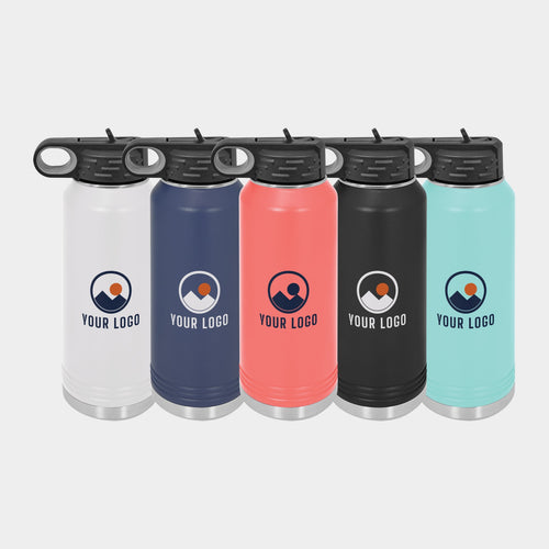 Mockup: Polar Camel 32oz water bottle in White, Navy Blue, Coral, Black, Teal, UV printed with a sample YOUR LOGO mark