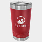 Mockup: Polar Camel 16oz pint tumbler in Maroon, UV printed with a sample YOUR LOGO mark