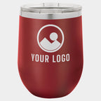 Mockup: Polar Camel 12oz stemless wine tumbler in Maroon, UV printed with a sample YOUR LOGO mark